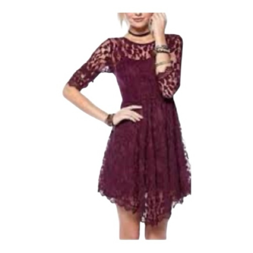 Free People Burgundy Lace 3/4 Sleeve Dress
